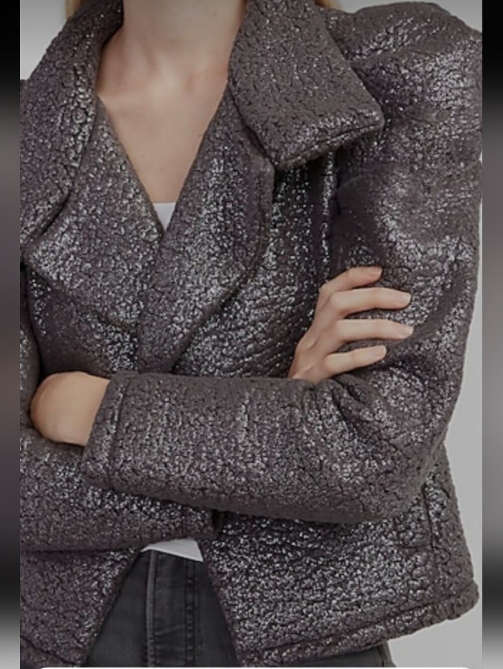 NWT Express Gray Faux Fur w Metallic Thread Jacket with Pagoda Shoulders Sz M